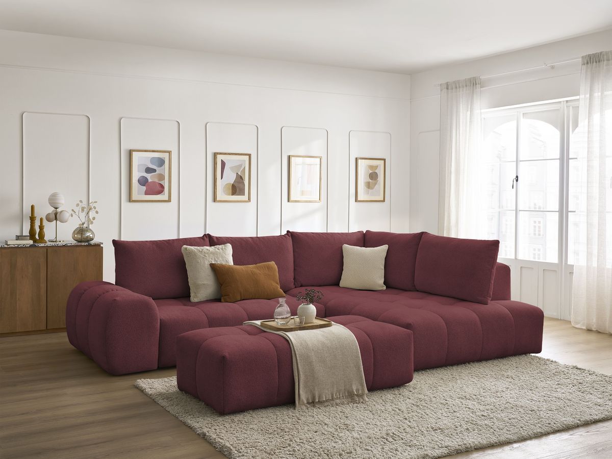 Bobochic Everest Ecksofa mit Schlaffunktion und Bettkasten und Pouf 320 × 212 cm, 5 Kissen Melange-Stoff Rot Ecke rechts