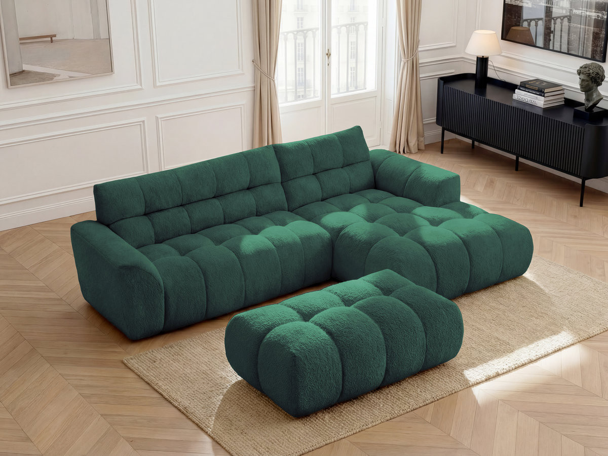 Bobochic Jaya Ecksofa mit Pouf Chenille Dunkelgrün Ecke rechts
