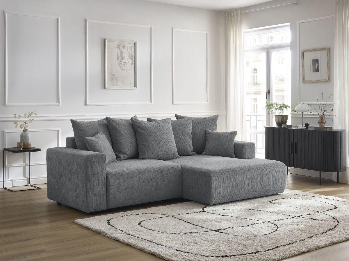 Bobochic Atilla Ecksofa mit Schlaffunktion und Bettkasten Strukturstoff Dunkelgrau Ecke rechts