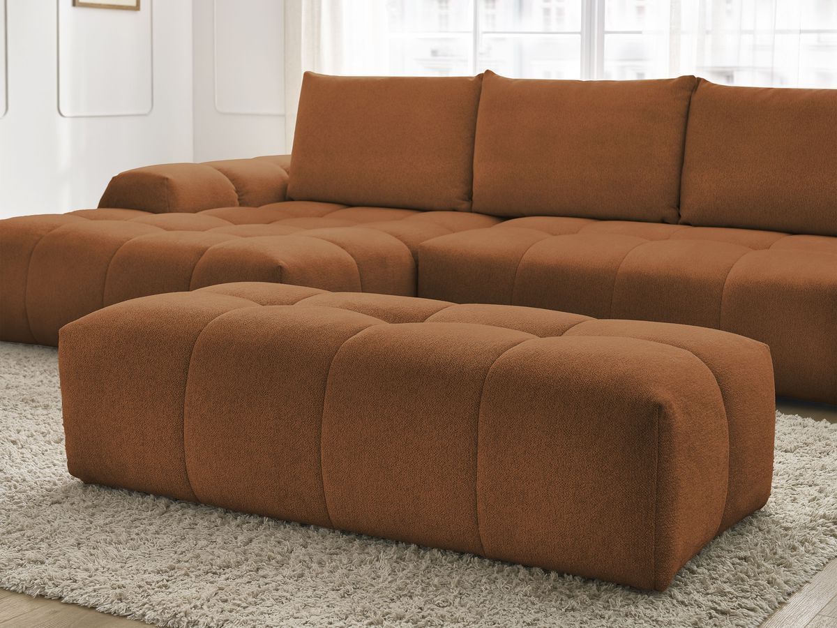 Bobochic Everest Ecksofa mit Schlaffunktion und Bettkasten und Pouf 318 × 180 cm, 3 Kissen Melange-Stoff Orange Ecke links