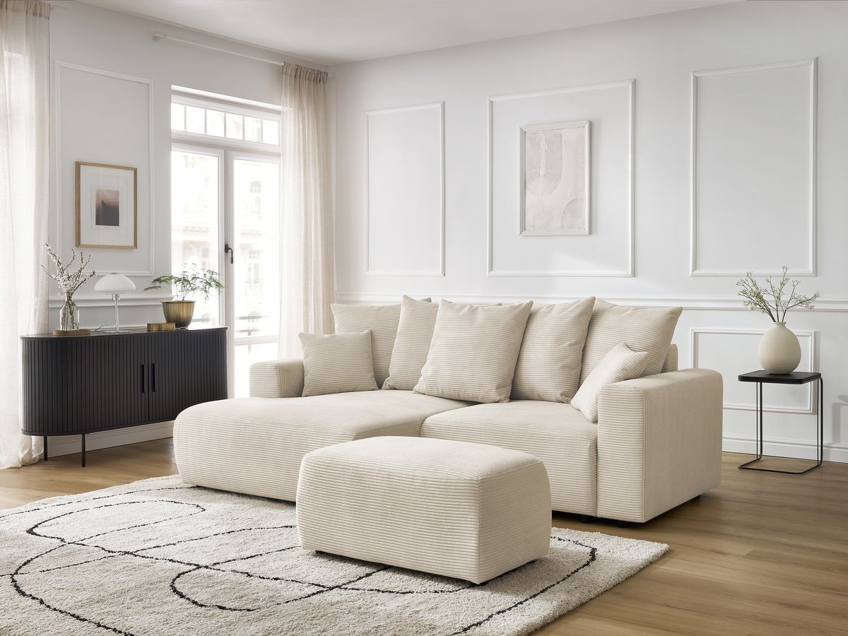 Bobochic Atilla Ecksofa mit Schlaffunktion und Bettkasten und Pouf Cordsamt Beige Ecke links