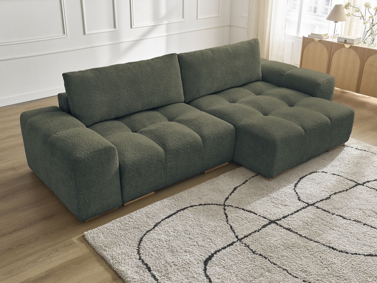 Bobochic Anakin Ecksofa mit Schlaffunktion und Bettkasten, 2 Kissen Bouclé-Stoff Grün