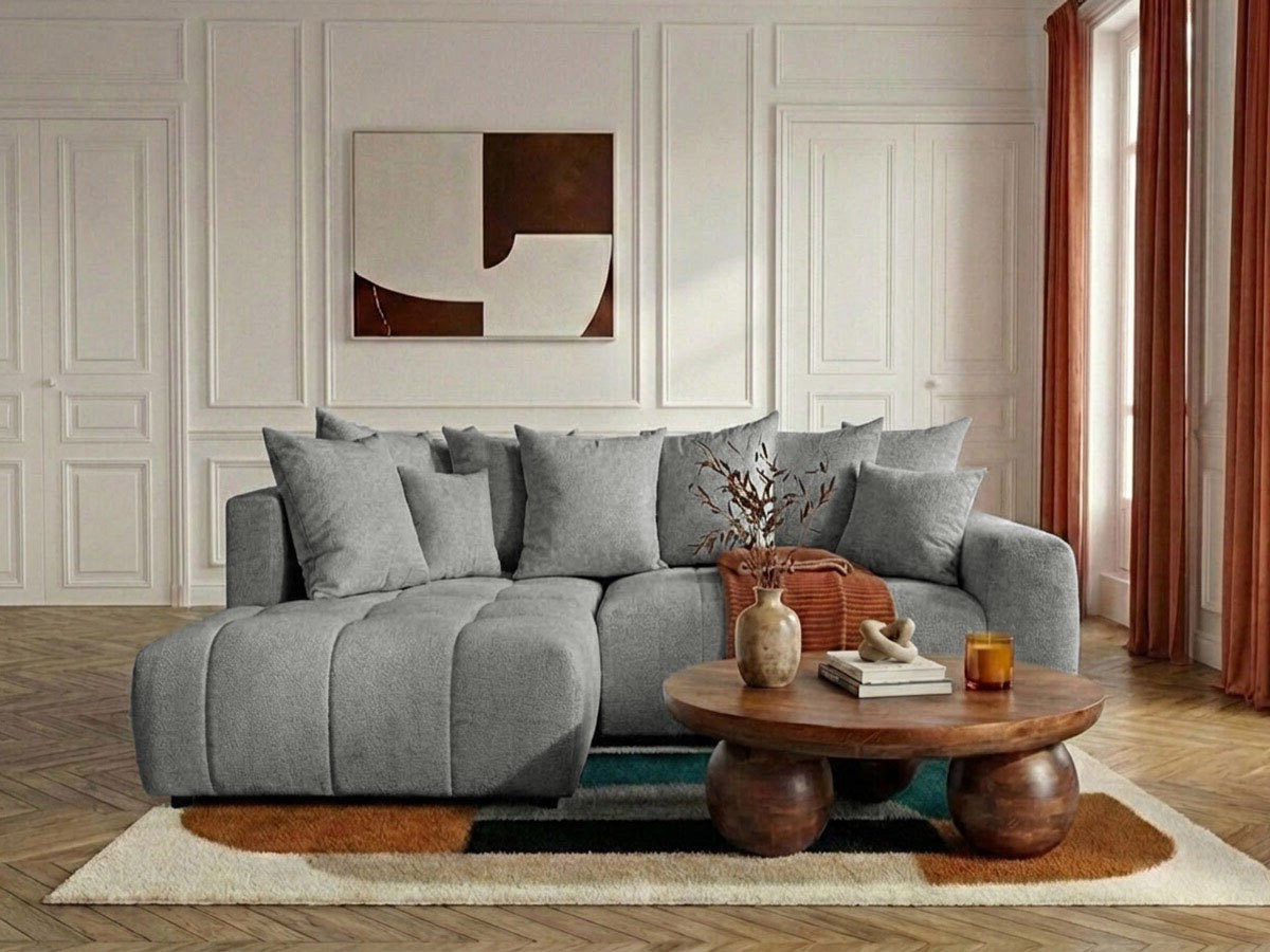 Bobochic Roxelane Ecksofa mit Schlaffunktion und Bettkasten Melange-Stoff Hellgrau Ecke links