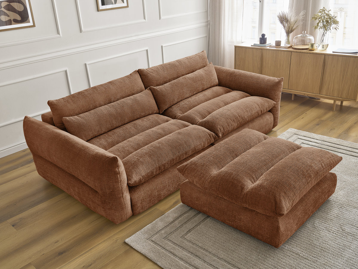 Bobochic Neil Sofa 3-Sitzer mit Pouf Strukturstoff Orange