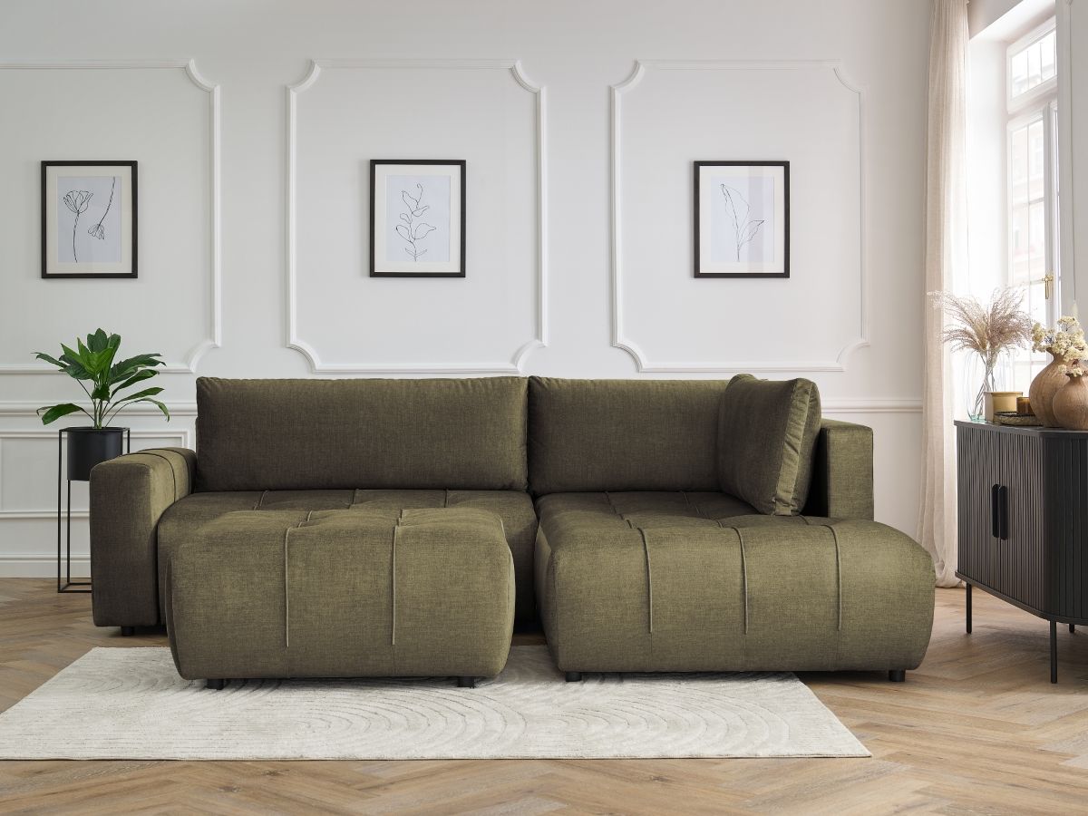 Bobochic Arsene Ecksofa mit Schlaffunktion und Bettkasten und Pouf 277 × 200 cm Samt Grün Ecke rechts