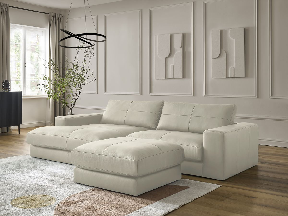 Bobochic Leonard Ecksofa mit Pouf 274 × 159 cm Leder Beige Ecke links