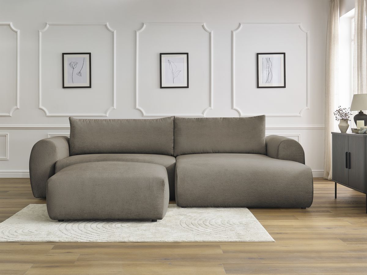 Bobochic Lucien Ecksofa mit Schlaffunktion und Bettkasten und Pouf 314 × 167 cm Stoff Taupe Ecke rechts