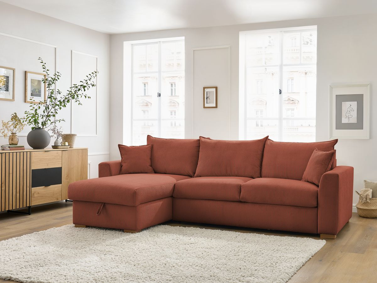 Bobochic Augustin Ecksofa mit Schlaffunktion und Bettkasten Cordsamt Orange, Liegefläche 160 × 200 cm