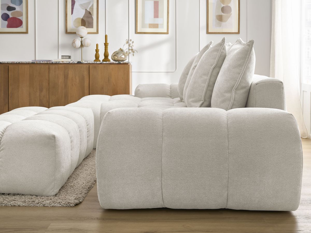 Bobochic Everest Ecksofa mit Schlaffunktion und Bettkasten und Pouf 318 × 180 cm, 7 Kissen Strukturstoff Weiß Ecke links