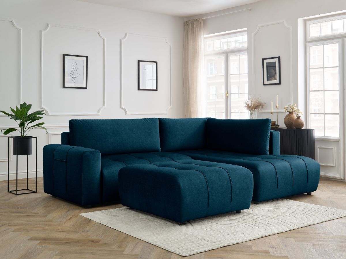 Bobochic Arsene Ecksofa mit Schlaffunktion und Bettkasten und Pouf 277 × 200 cm Samt Blau Ecke rechts