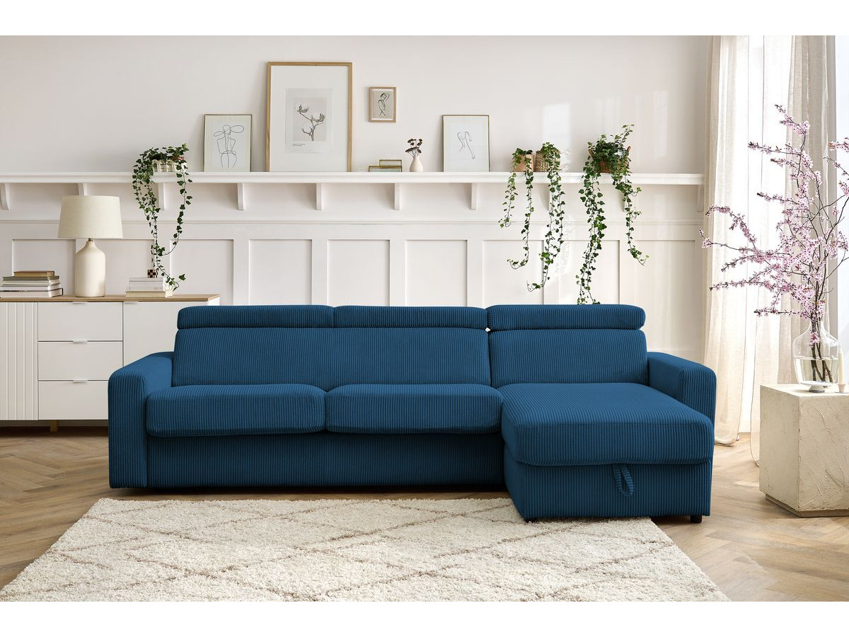 Bobochic Monaco Ecksofa mit Schlaffunktion und Bettkasten Cordsamt Dunkelblau, Liegefläche 140 × 190 cm