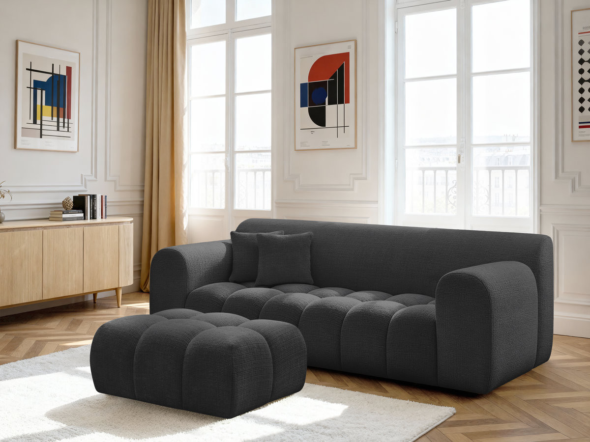 Bobochic Melisse Sofa 3-Sitzer mit Pouf Strukturstoff Schwarz