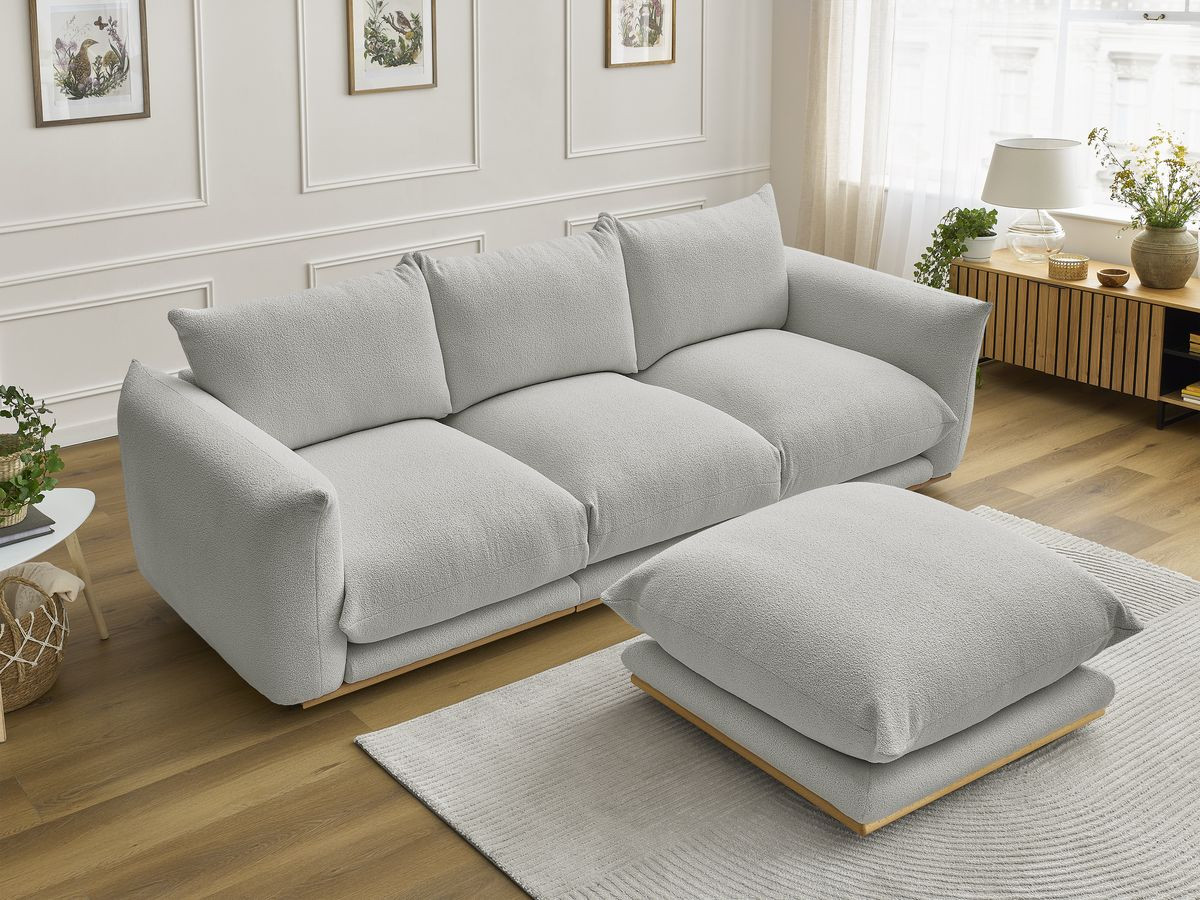 Bobochic Ernest Sofa 3-Sitzer mit Pouf 266 × 106 cm Bouclé-Stoff Hellgrau