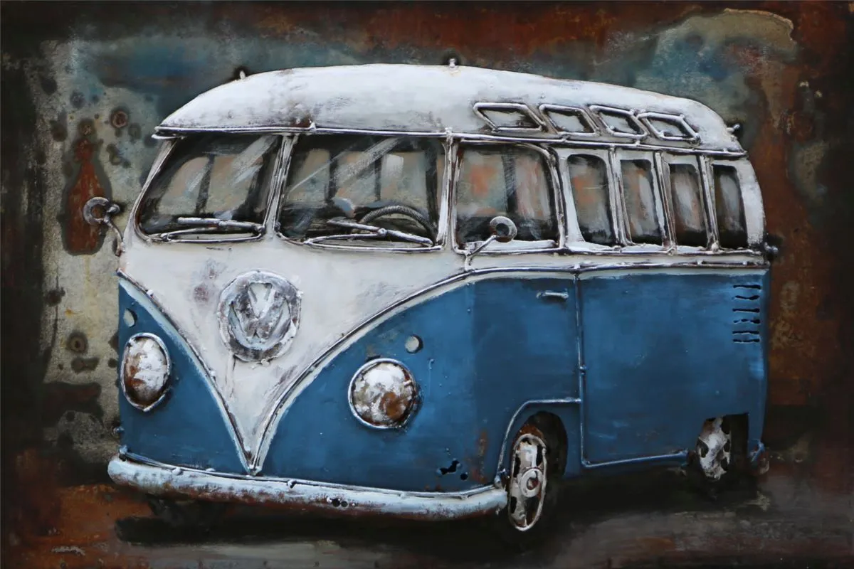 Handgefertigtes Metallbild Bus in Blau ca. 60x40 cm
