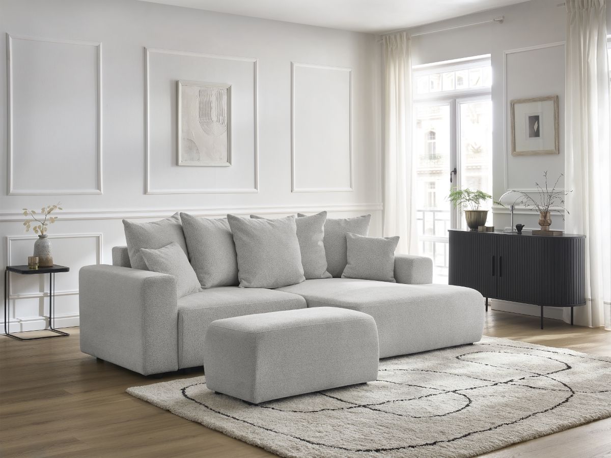 Bobochic Atilla Ecksofa mit Schlaffunktion und Bettkasten und Pouf Melange-Stoff Hellgrau Ecke rechts