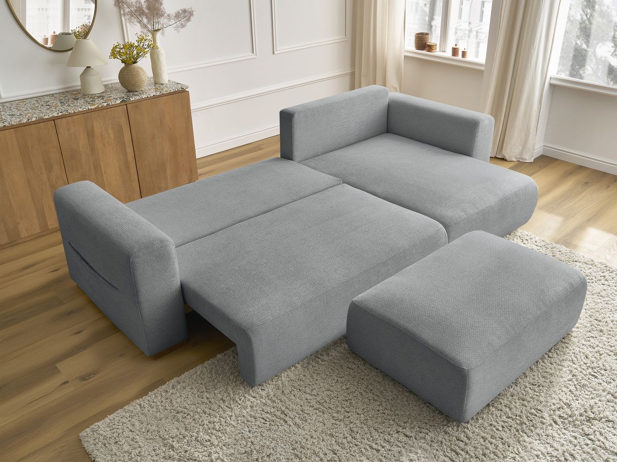 Bobochic Sidonie Ecksofa mit Schlaffunktion und Bettkasten und Pouf Melange-Stoff Dunkelgrau