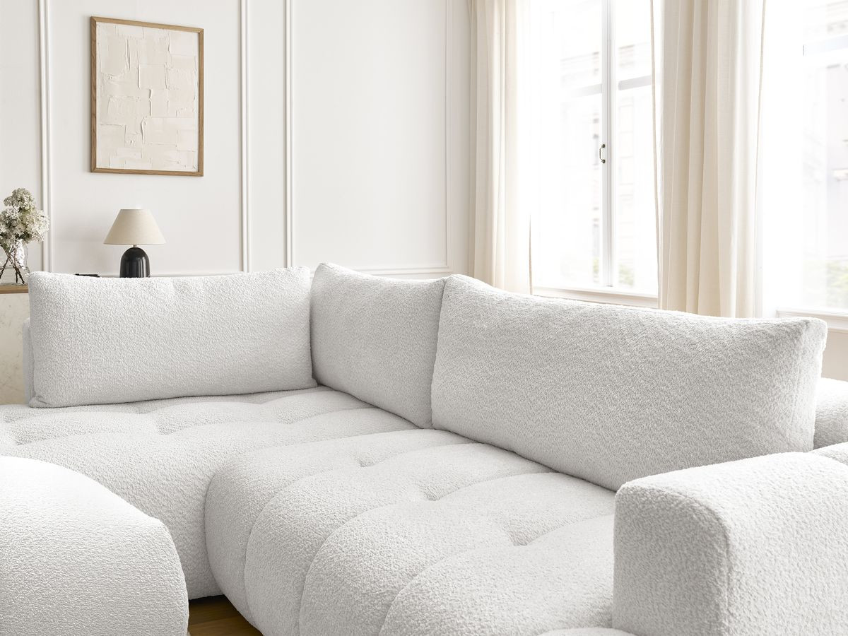 Bobochic Fuji Ecksofa mit Schlaffunktion und Bettkasten und Pouf 282 × 204 cm Bouclé-Stoff Weiß Ecke links