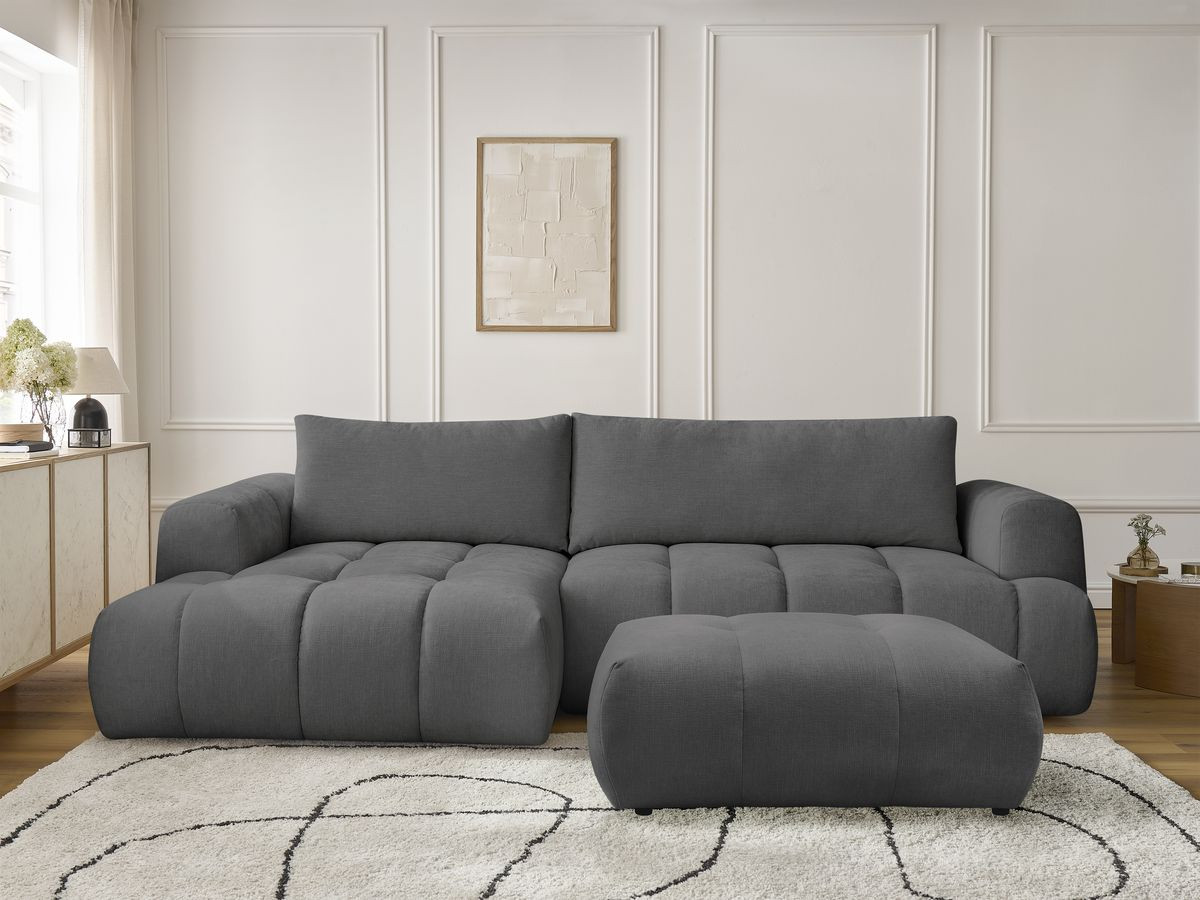 Bobochic Fuji Ecksofa mit Schlaffunktion und Bettkasten und Pouf 292 × 160 cm Stoff Dunkelgrau Ecke links