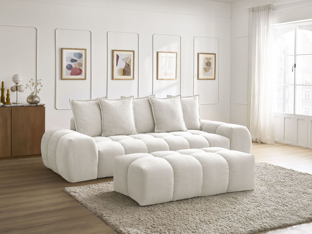 Bobochic Everest Schlafsofa 3-Sitzer mit Bettkasten und Pouf, 5 Kissen Strukturstoff Weiß