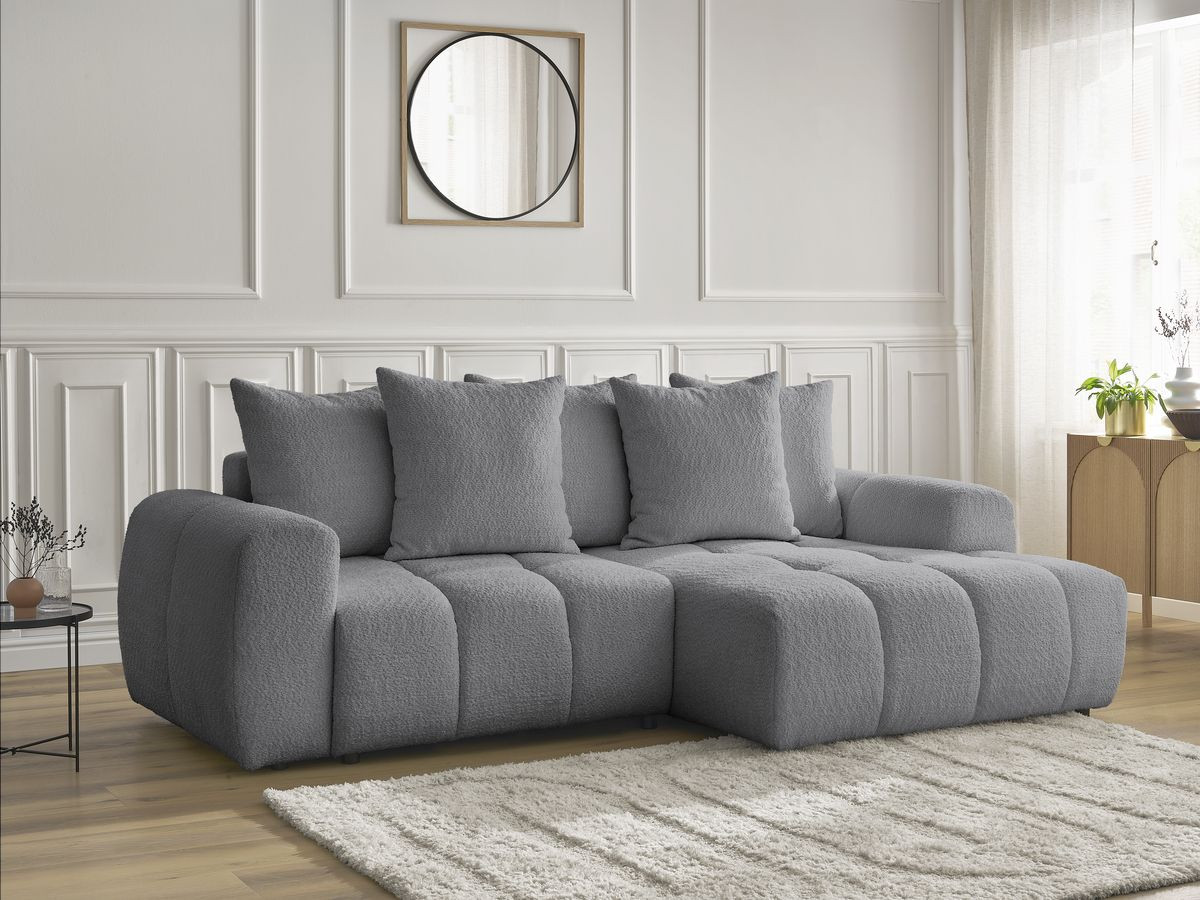 Bobochic Roxelane Ecksofa mit Schlaffunktion und Bettkasten 258 × 150 cm Bouclé-Stoff Dunkelgrau Ecke rechts