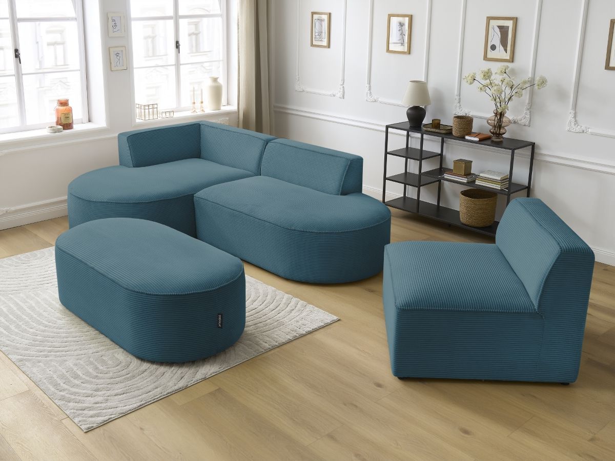 Bobochic Rousseau Ecksofa mit Sofamodul und Pouf Cordsamt Dunkelblau Ecke links