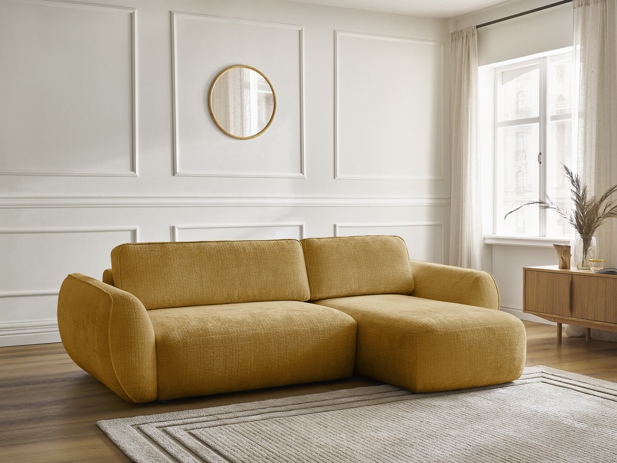 Bobochic Denise Ecksofa mit Schlaffunktion und Bettkasten 258 × 160 cm Strukturstoff Gelb Ecke rechts