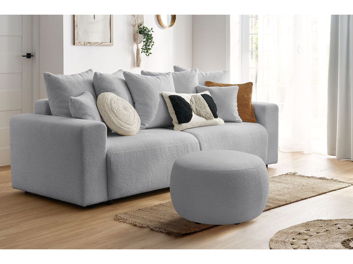 Bobochic Envy Schlafsofa 3-Sitzer mit Bettkasten und rundem Pouf Bouclé-Stoff Hellgrau
