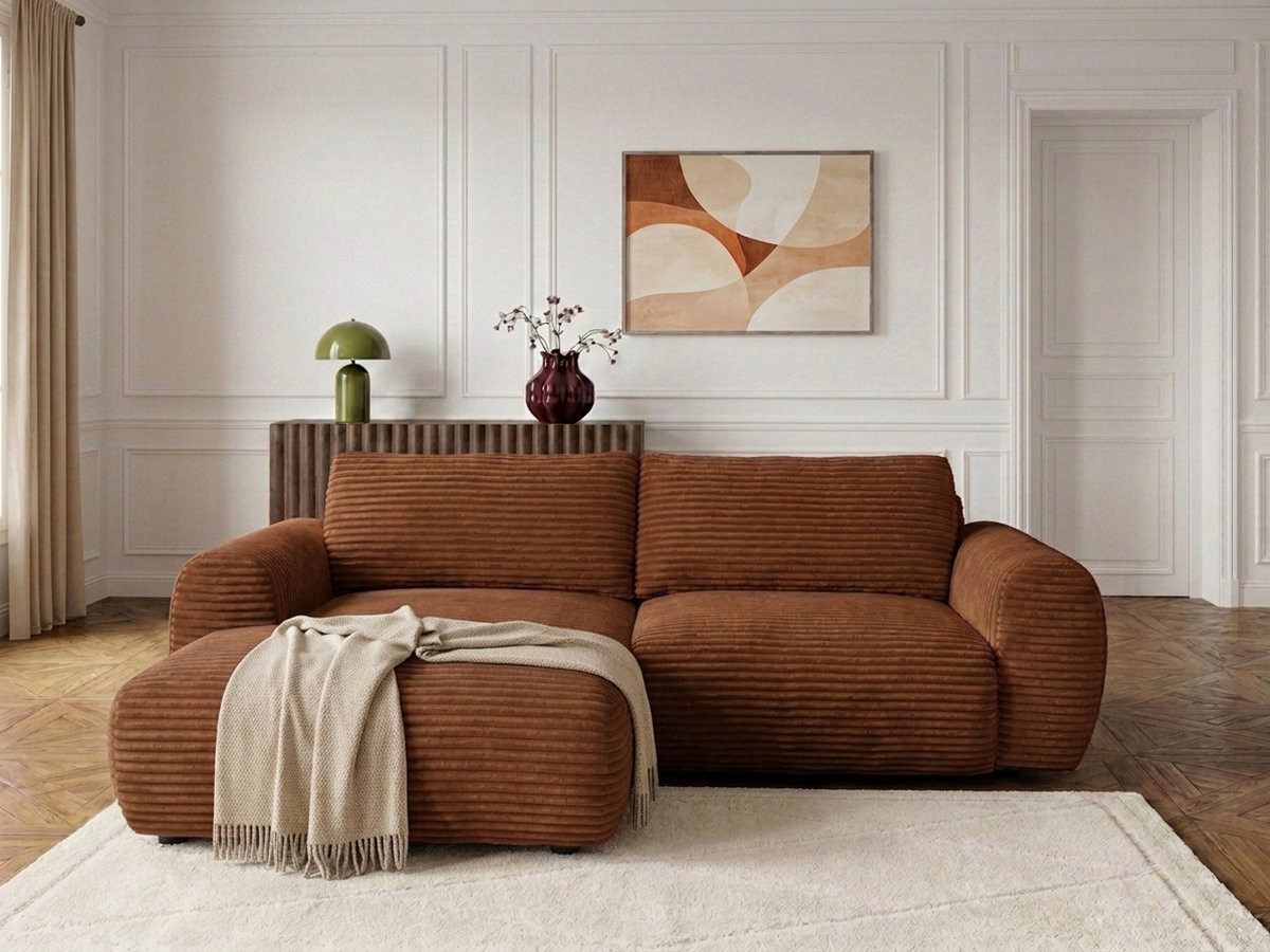Bobochic Lucien Ecksofa mit Schlaffunktion und Bettkasten Breitcord weich Orange Ecke links
