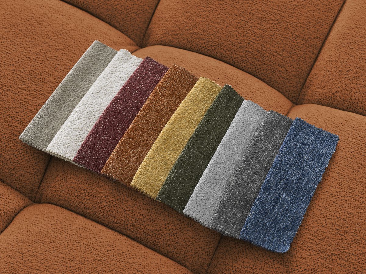 Bobochic Everest Ecksofa mit Schlaffunktion und Bettkasten und Pouf 318 × 180 cm, 3 Kissen Melange-Stoff Orange Ecke links