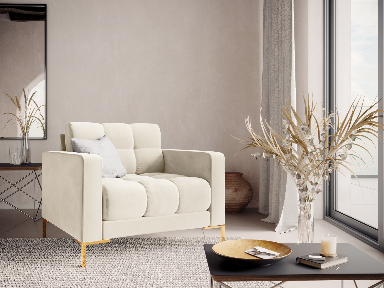Cosmopolitan Design Sessel Bali Samt Bluvel Helles Beige Beine Gold