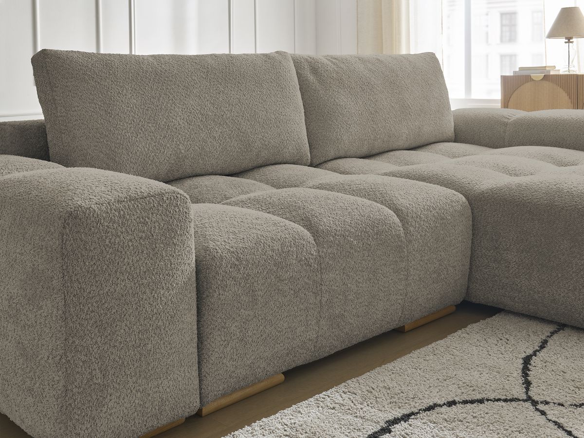 Bobochic Anakin Ecksofa mit Schlaffunktion und Bettkasten, 2 Kissen Bouclé-Stoff Taupe