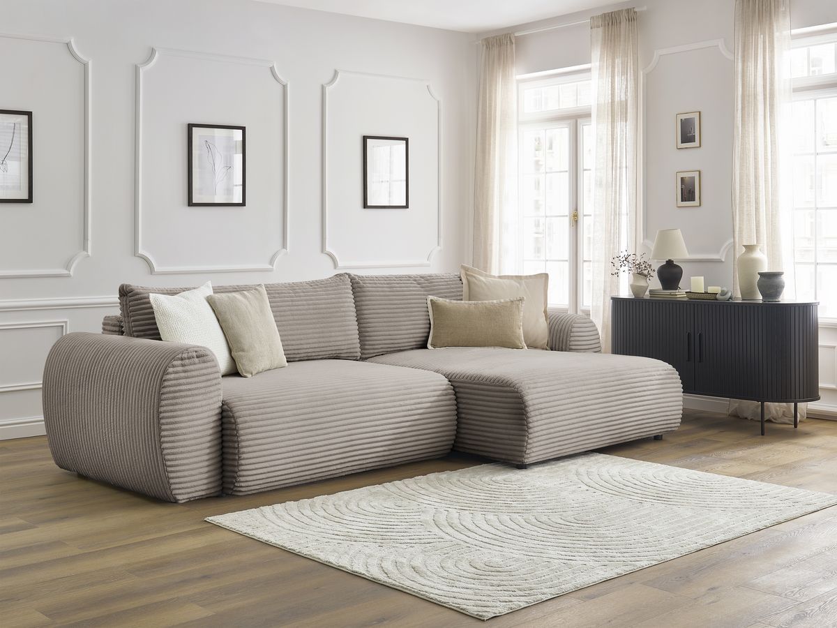 Bobochic Lucien Ecksofa mit Schlaffunktion und Bettkasten 314 × 167 cm Breitcord weich Taupe Ecke rechts
