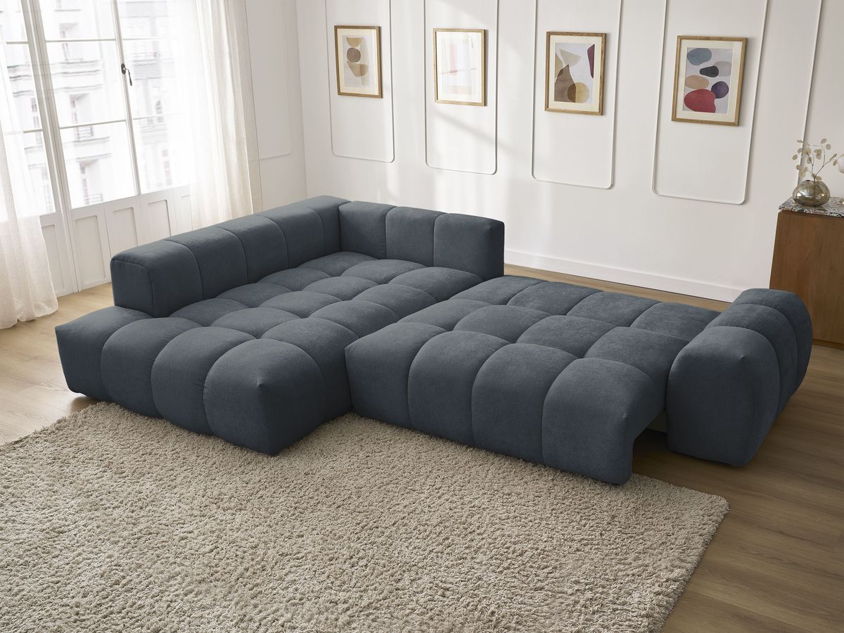 Bobochic Everest Ecksofa mit Schlaffunktion und Bettkasten 320 × 212 cm, 5 Kissen Strukturstoff Dunkelblau Ecke links