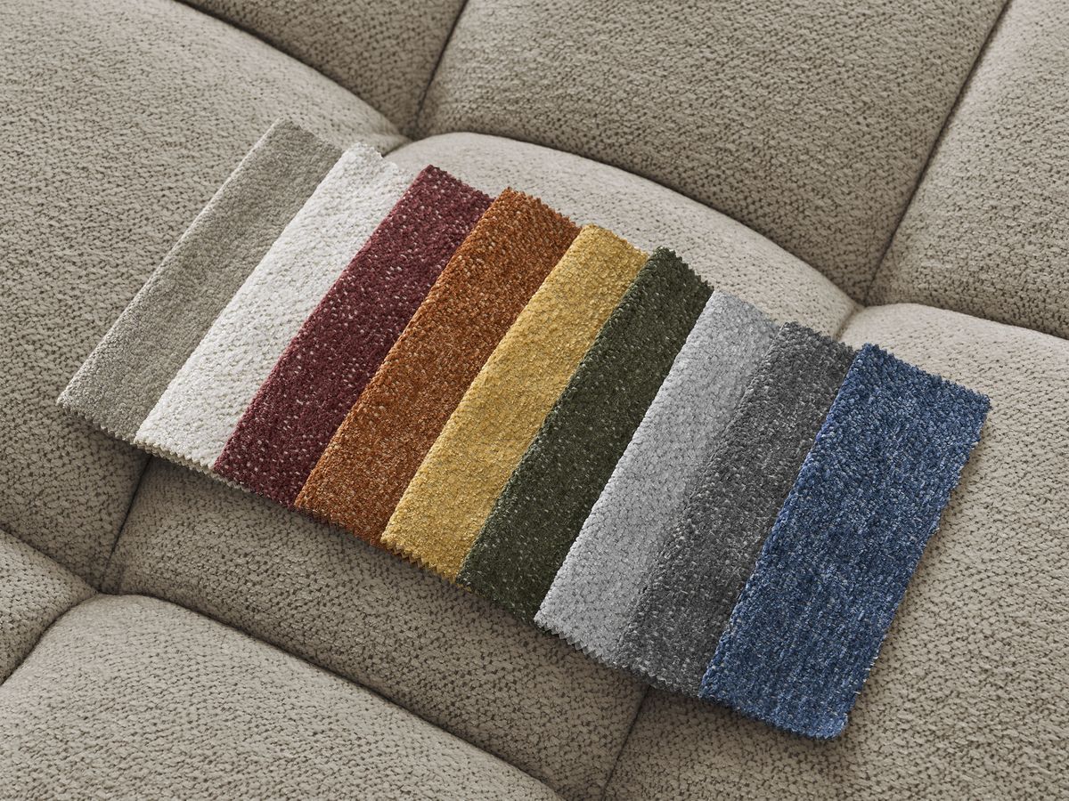 Bobochic Everest Ecksofa mit Schlaffunktion und Bettkasten und Pouf 318 × 180 cm, 7 Kissen Melange-Stoff Taupe Ecke links