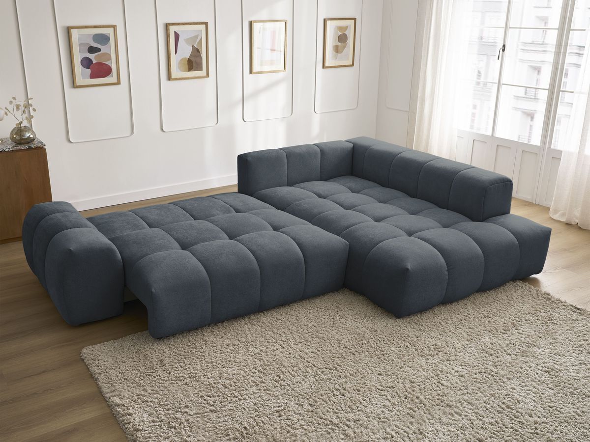 Bobochic Everest Ecksofa mit Schlaffunktion und Bettkasten 320 × 212 cm, 5 Kissen Strukturstoff Dunkelblau Ecke rechts