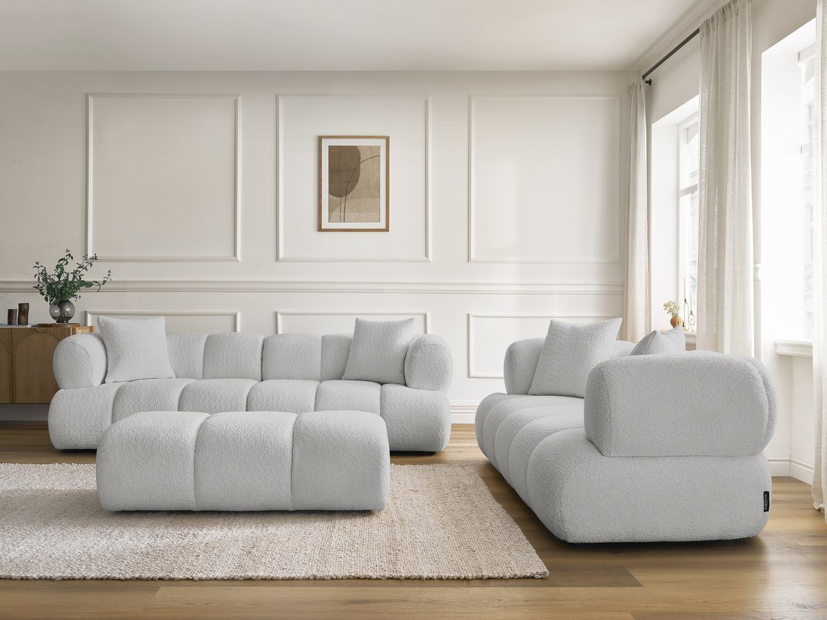 Bobochic Pamira Sofa 5-Sitzer mit Pouf Bouclé-Stoff Hellgrau