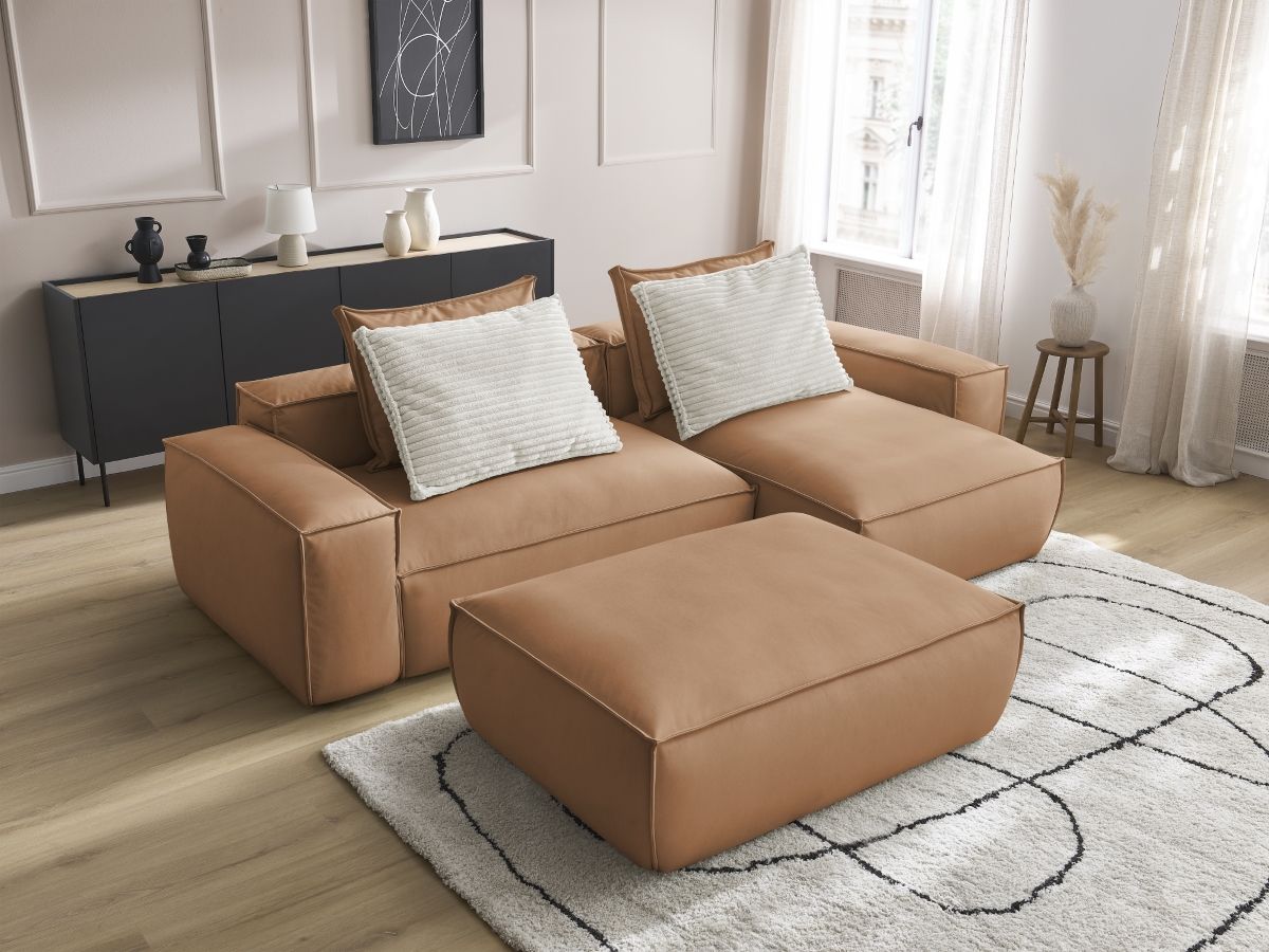 Bobochic Boheme Ecksofa mit Pouf Kunstleder Hellbraun