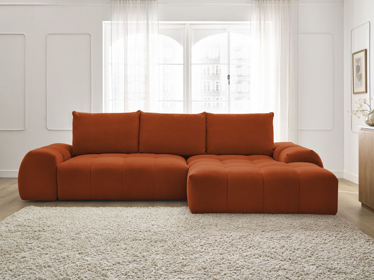 Bobochic Everest Ecksofa mit Schlaffunktion und Bettkasten 318 × 180 cm, 3 Kissen Strukturstoff Orange Ecke rechts