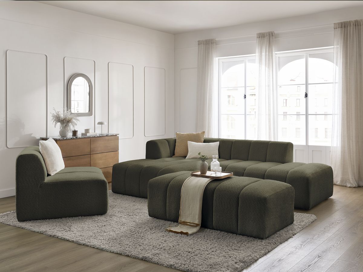 Bobochic Annecy Ecksofa mit Sofamodul und Pouf Bouclé-Stoff Grün Ecke links