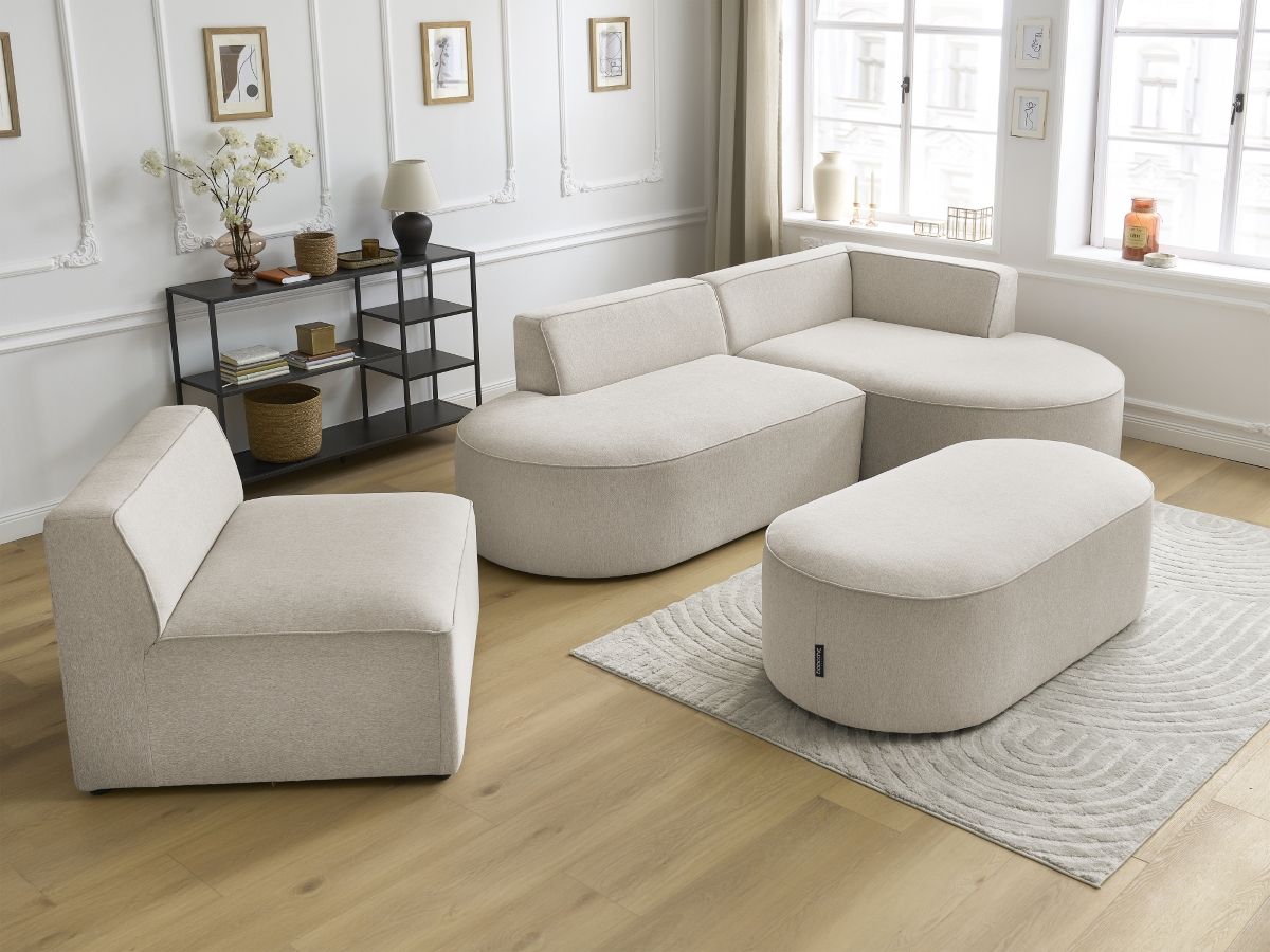 Bobochic Rousseau Ecksofa mit Sofamodul und Pouf Melange-Stoff Beige Ecke rechts