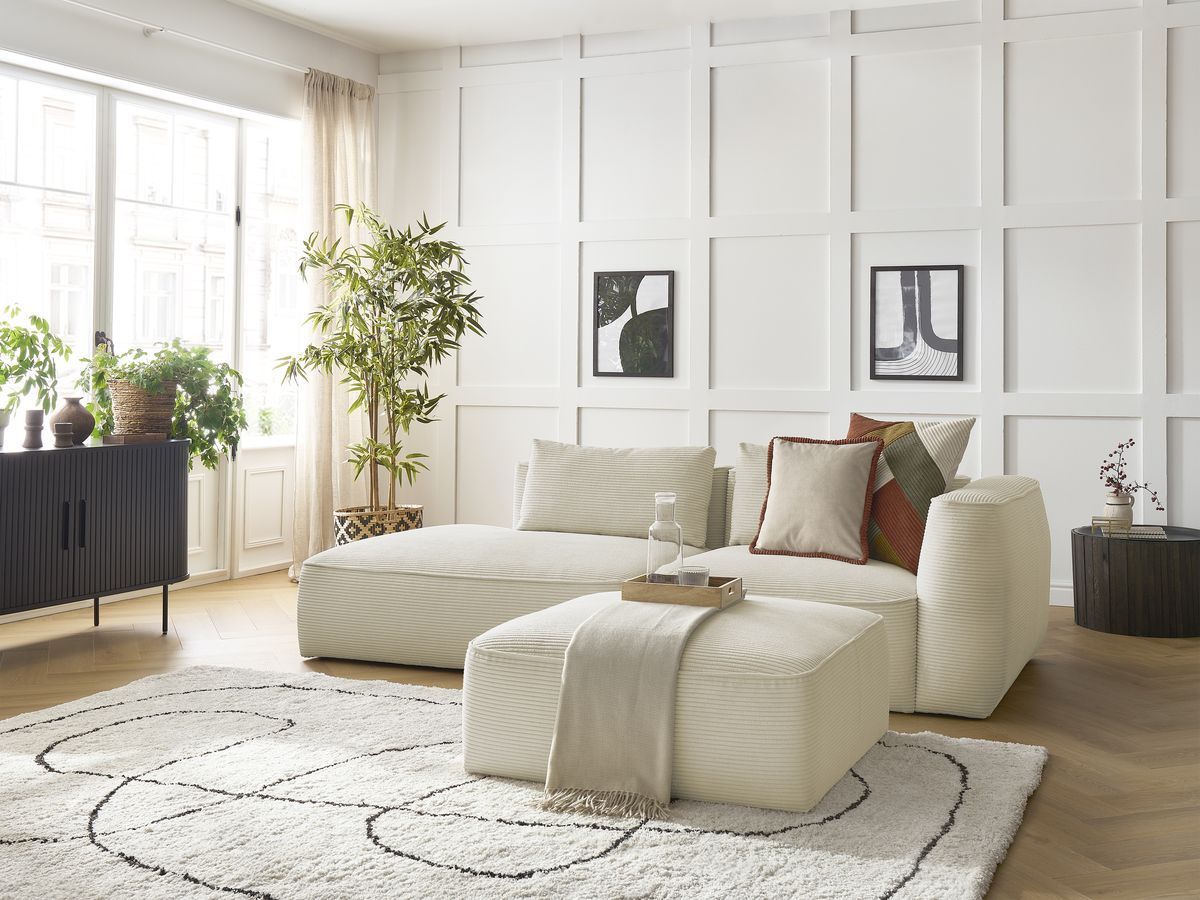 Bobochic Leopold Sofa 4-Sitzer mit Pouf Cordsamt Beige Armlehne rechts