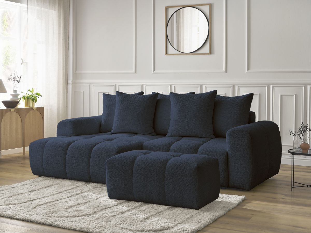 Bobochic Roxelane Ecksofa mit Schlaffunktion und Bettkasten und Pouf 258 × 150 cm Bouclé-Stoff Dunkelblau Ecke rechts