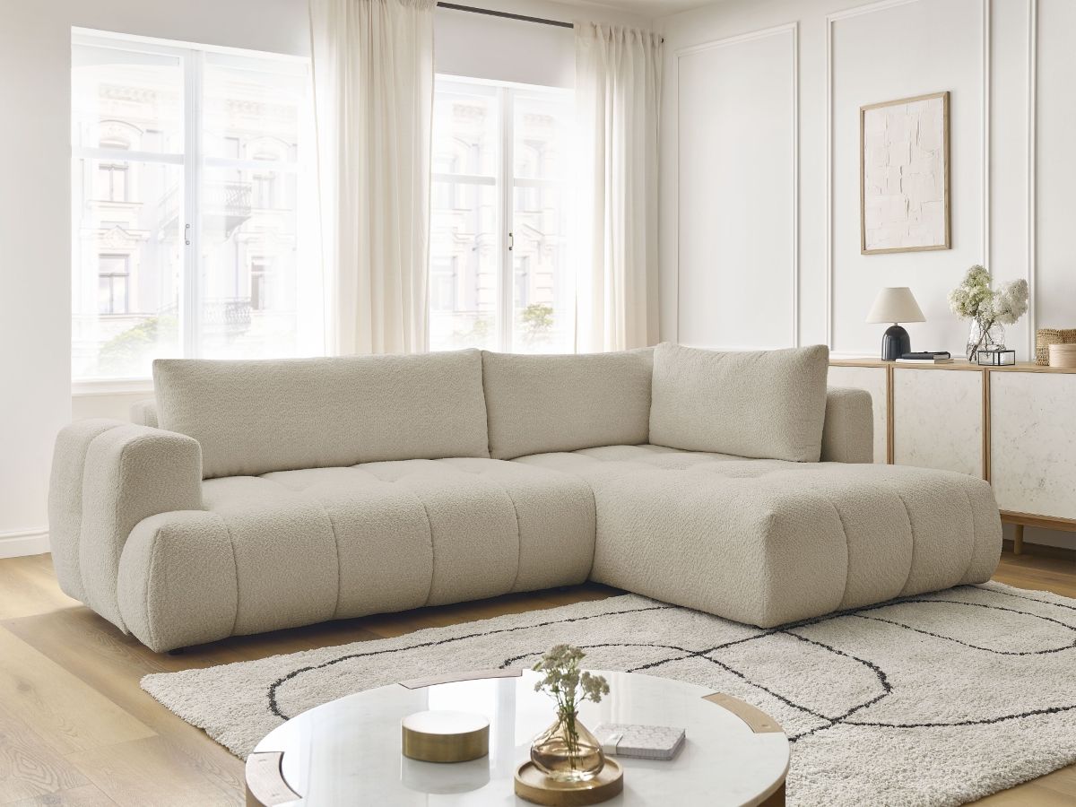 Bobochic Fuji Ecksofa mit Schlaffunktion und Bettkasten 282 × 204 cm Bouclé-Stoff Beige Ecke rechts