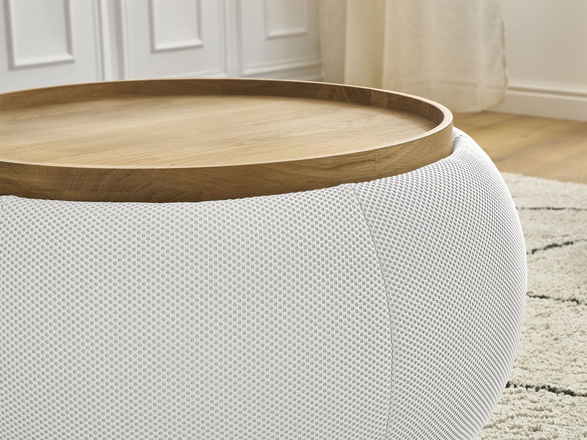 Bobochic Hayden Pouf mit Tablett, rund Mesh-Stoff Weiß, 77 cm