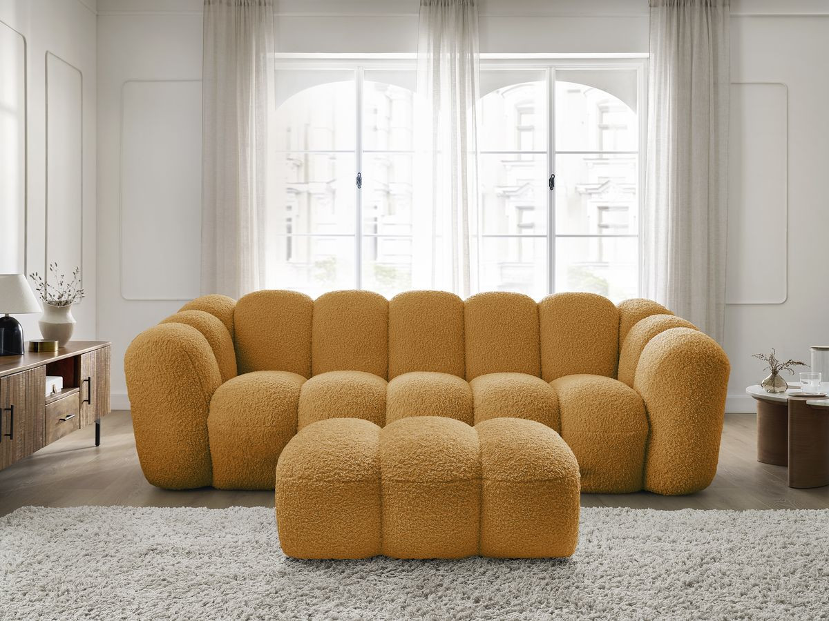 Bobochic Hippolyte Sofa 3-Sitzer mit Pouf Bouclé-Stoff Gelb