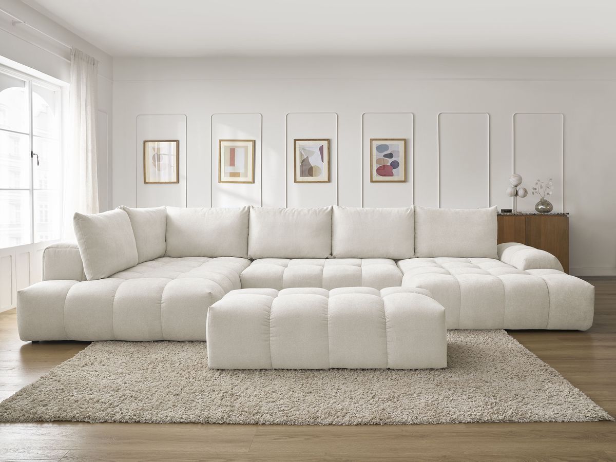 Bobochic Everest Wohnlandschaft mit Pouf, 6 Kissen Strukturstoff Weiß Ecke rechts