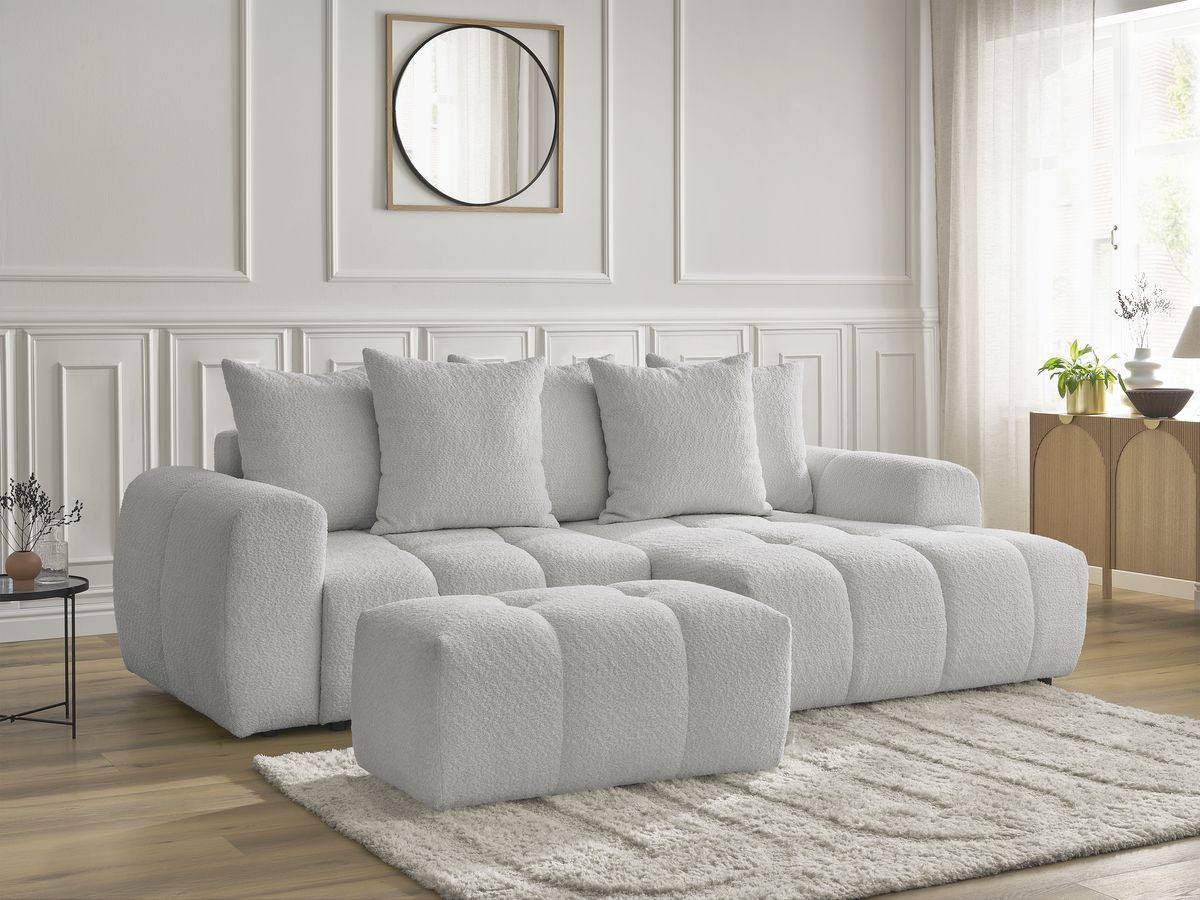 Bobochic Roxelane Ecksofa mit Schlaffunktion und Bettkasten und Pouf 258 × 150 cm Bouclé-Stoff Hellgrau Ecke rechts