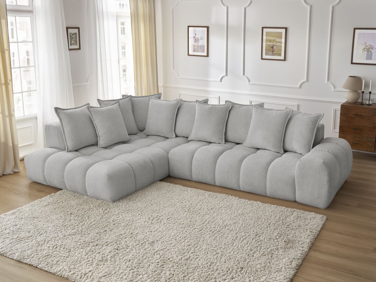 Bobochic Everest Ecksofa, 10 Kissen Melange-Stoff Hellgrau Ecke links