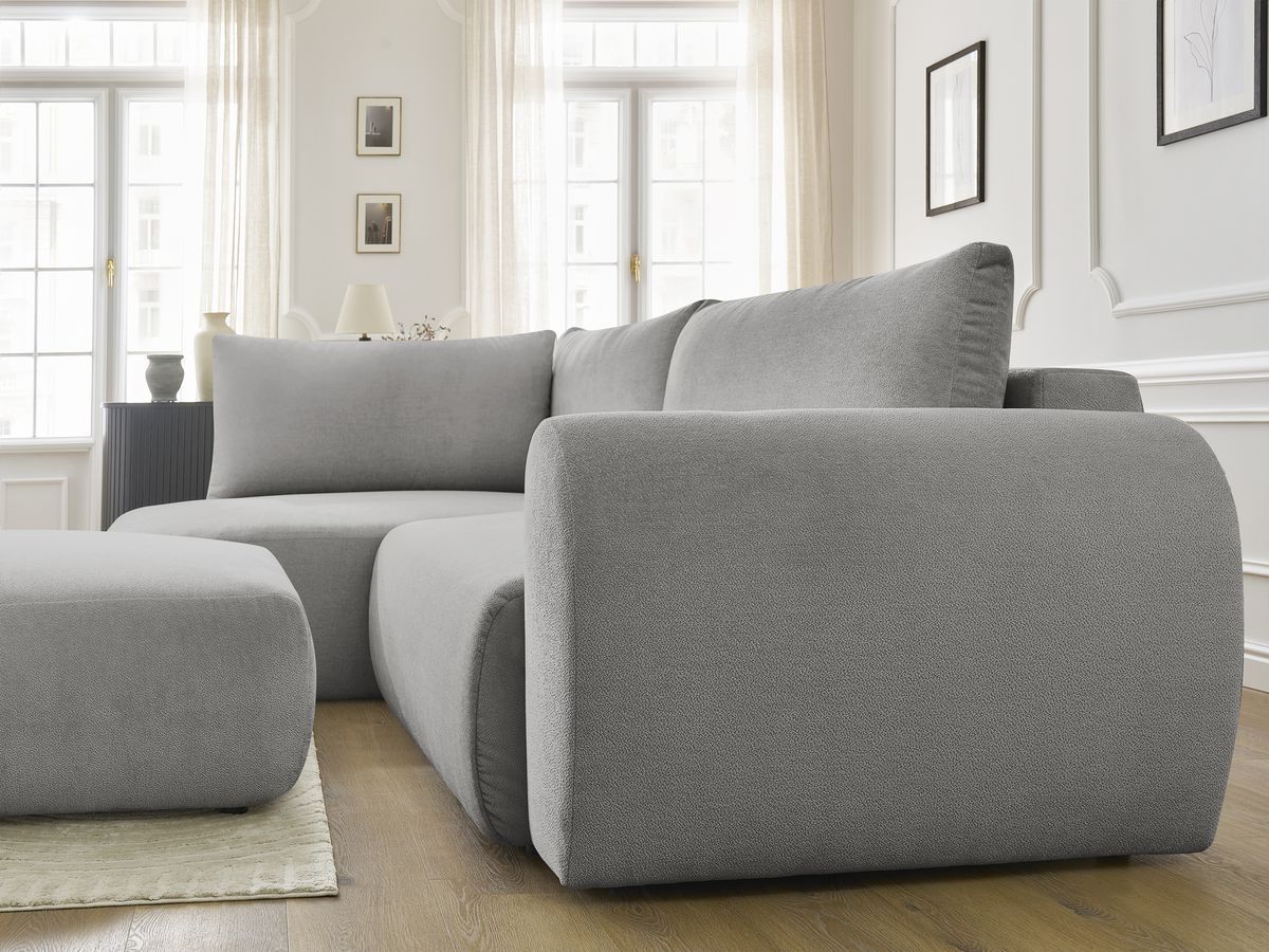 Bobochic Lucien Ecksofa mit Schlaffunktion und Bettkasten und Pouf 296 × 198 cm Stoff Hellgrau Ecke links