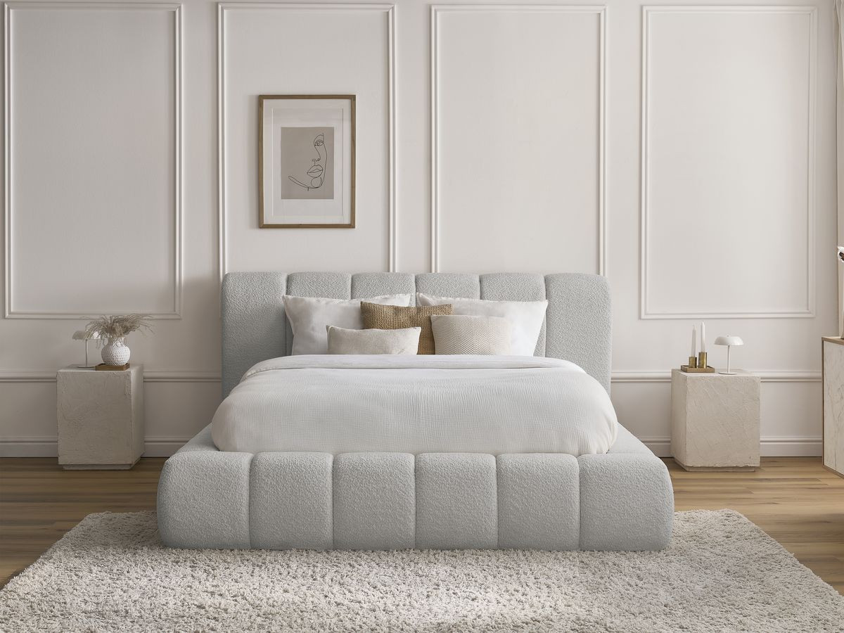 Bobochic Denali Polsterbett mit Bettkasten Bouclé-Stoff Hellgrau, Liegefläche 180 × 200 cm